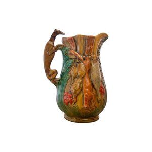 Pitcher Majolica Style Vintage Ceramic Jug with Hunting Scene and Dog Handle